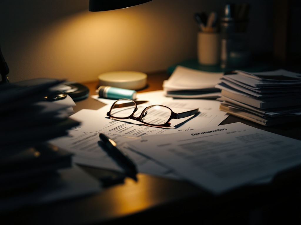 A quiet dermatology billing desk with paperwork and a pen under low warm light