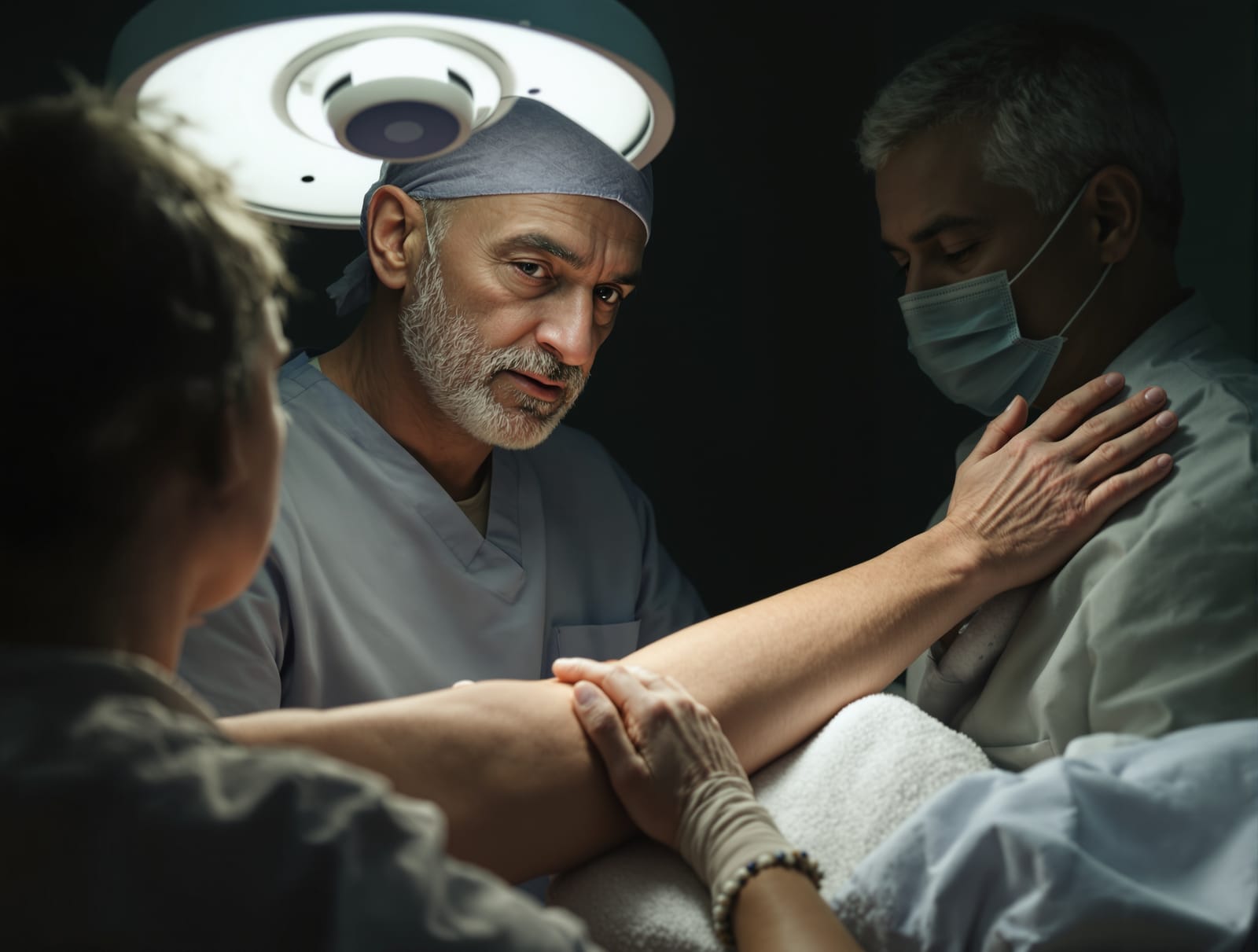 A dermatologic surgeon in scrubs examining a patient's sun-exposed skin under a bright exam light