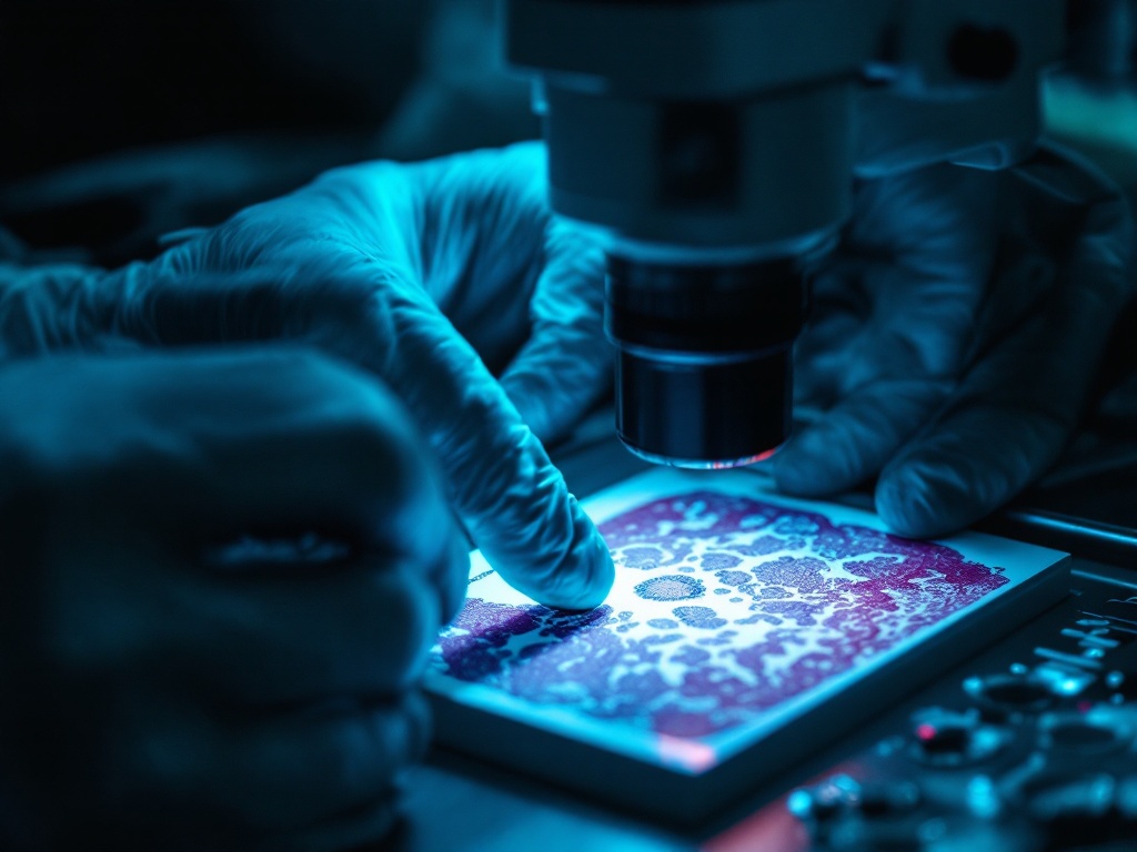 A gloved surgeon examining a stained tissue section under a lab microscope in dim green light