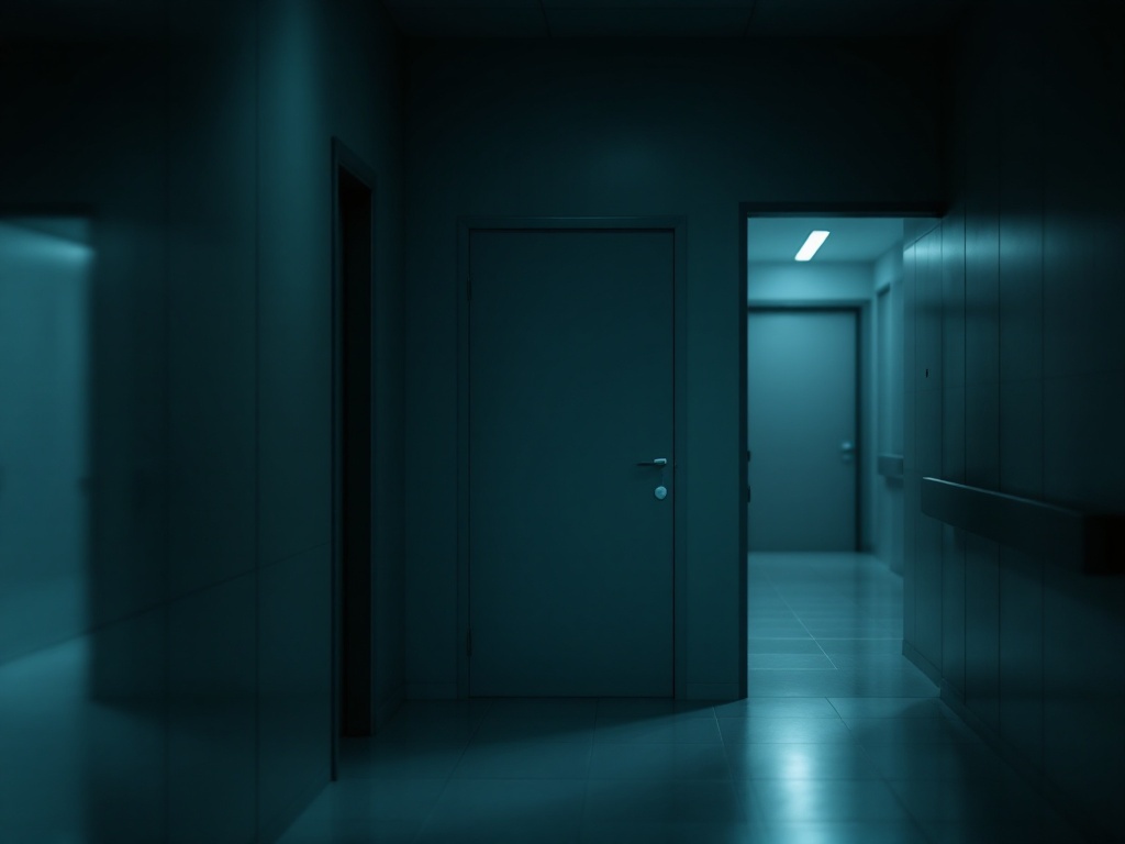 A dim clinical corridor with a treatment room door ajar and soft green-tinted light spilling out
