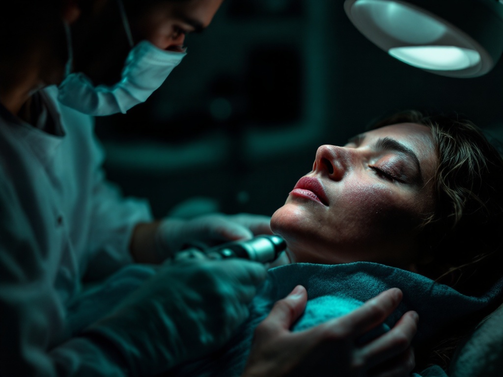 A dermatologist examining a patient's skin with a handheld dermatoscope light