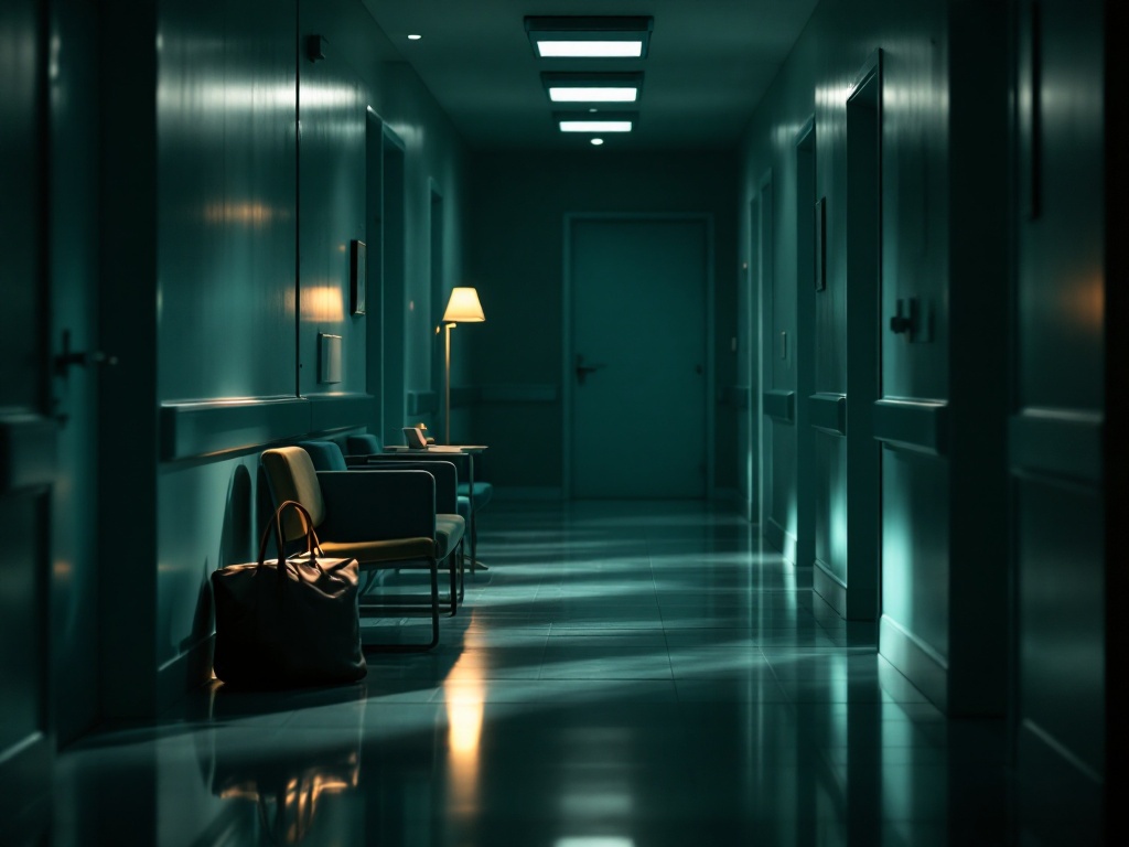 A patient waiting calmly in a dim clinic corridor while lab work is processed nearby